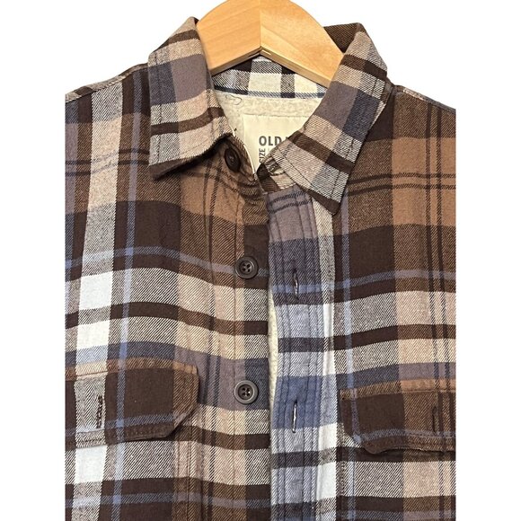Old Navy Men's Sherpa Shacket Small Plaid Flannel Button-Up Long Sleeve Patch El - Picture 2 of 16